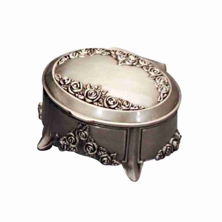JEWEL BOX PEWTER FINISH OVAL W ROSES 100 MM